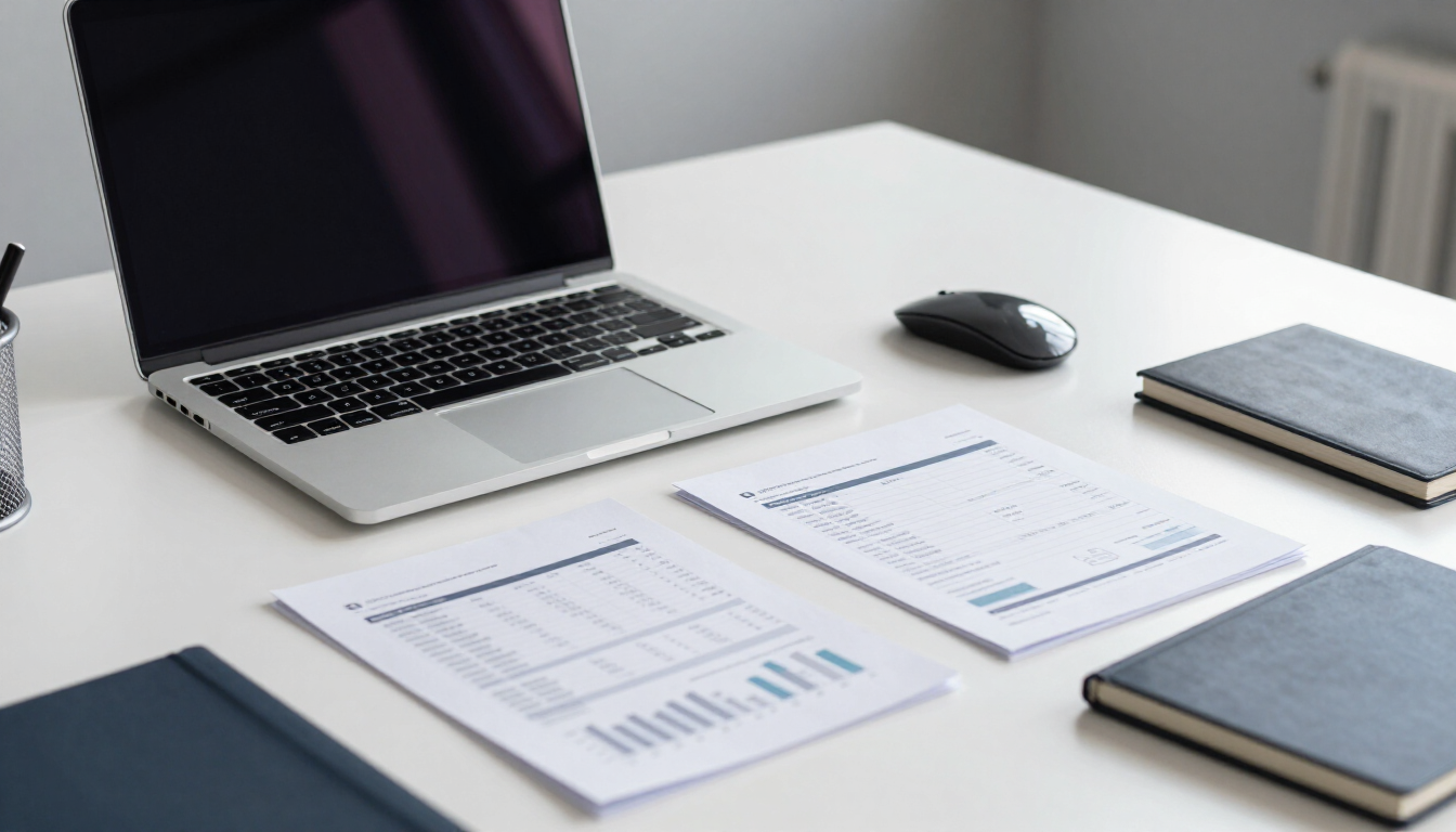Laptop on a white desk with printed charts, a mouse, and notebooks in a bright office setting
