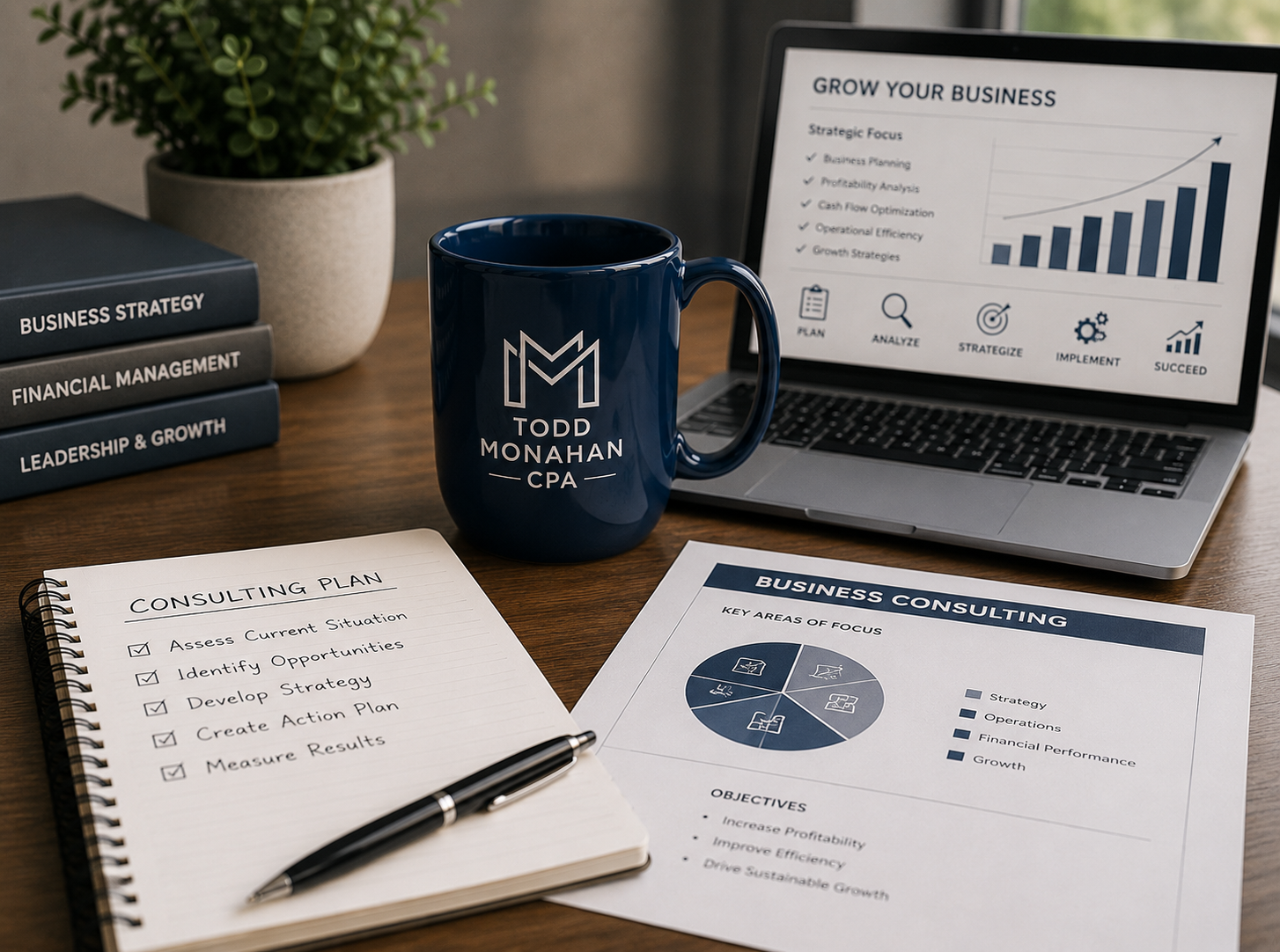 Navy mug, notebook, and pen on a wooden desk, each branded “Todd Monahan CPA.”