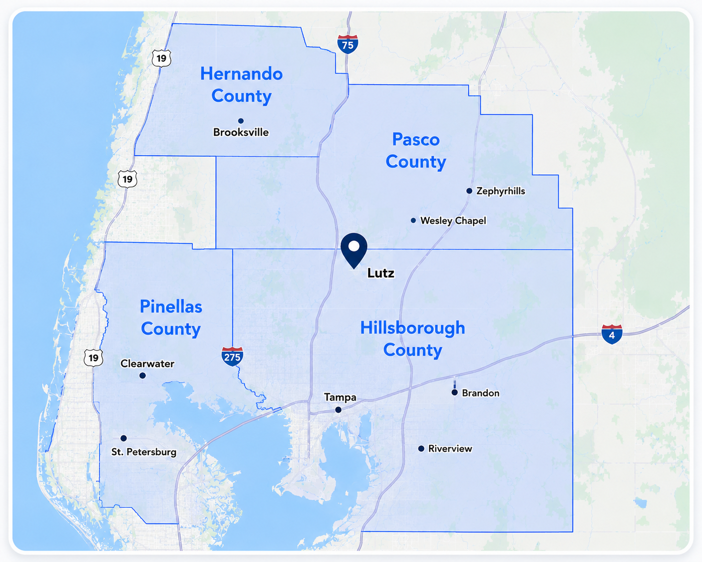 Map of Florida’s Tampa Bay area showing Hernando, Pasco, Pinellas, and Hillsborough counties.