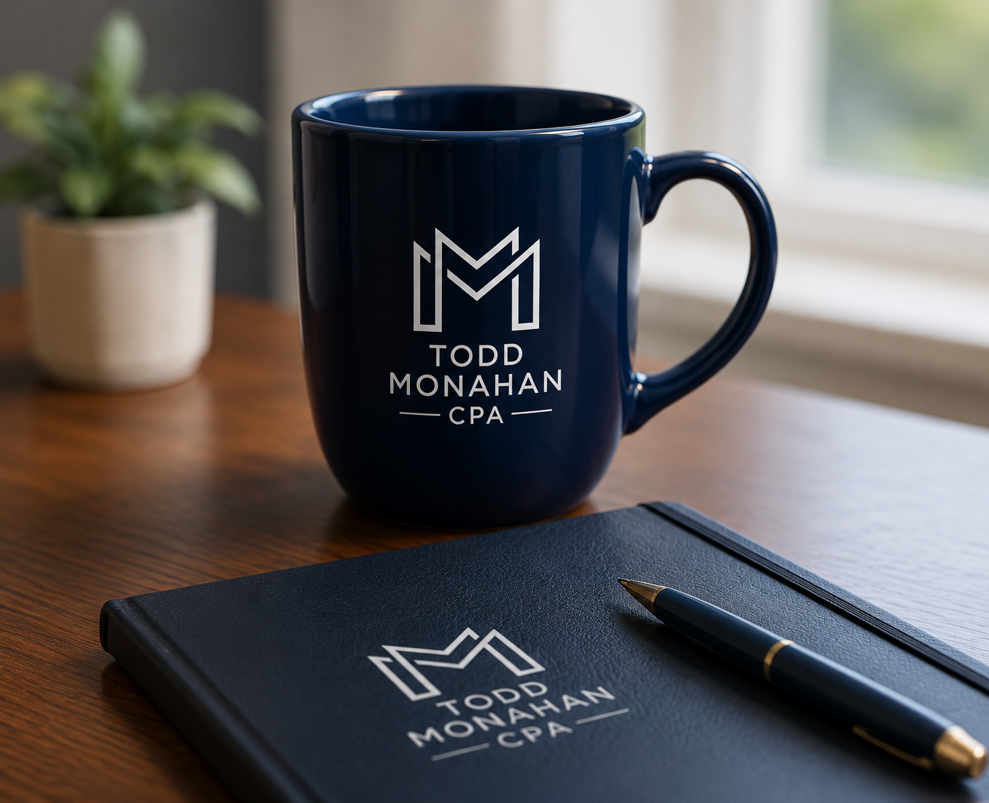 Navy mug, notebook, and pen with Todd Monahan CPA logo on a wooden desk