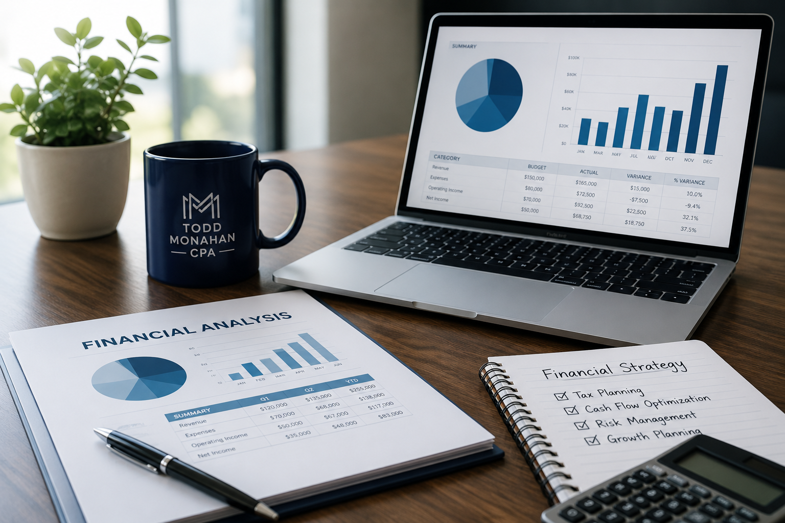 Desk with laptop showing charts, finance report, coffee mug, notepad, calculator, and plant on a wooden table