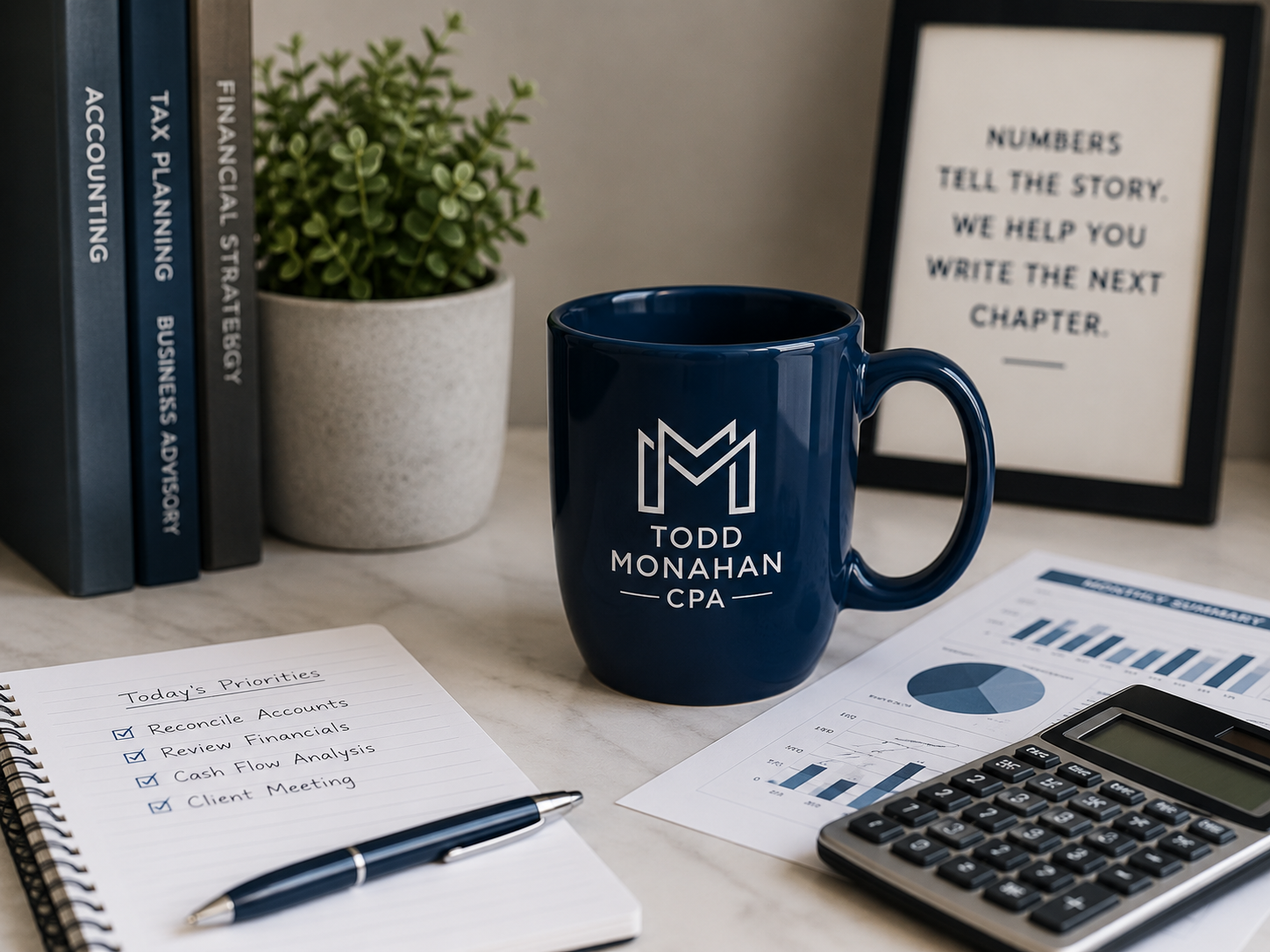 Desk with navy mug, calculator, charts, notebook, pen, plant, and framed quote in a workspace