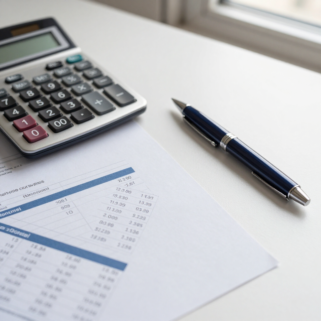 Calculator, pen, and financial report on a desk