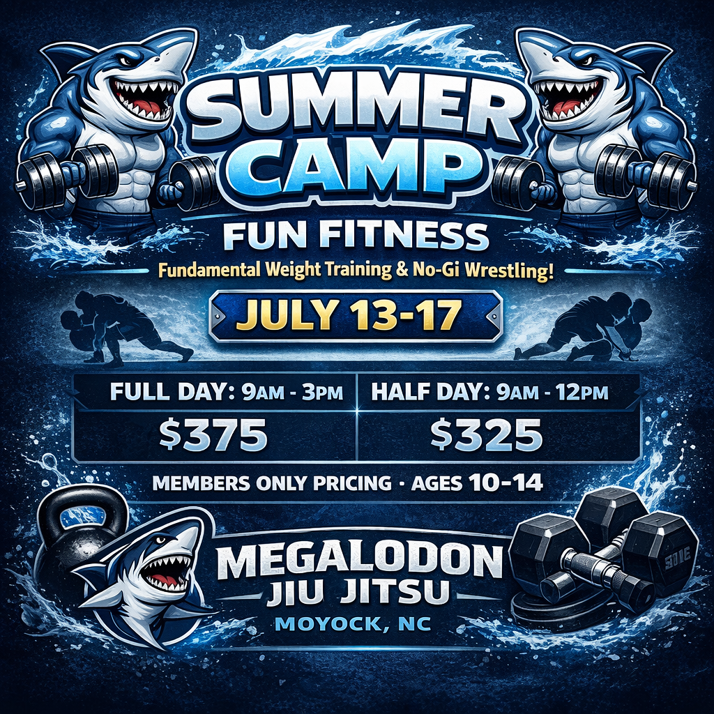 Summer Camp Fun Fitness shark jiu jitsu flyer, July 13-17, Megalodon Jiu Jitsu, Mukilteo, WA