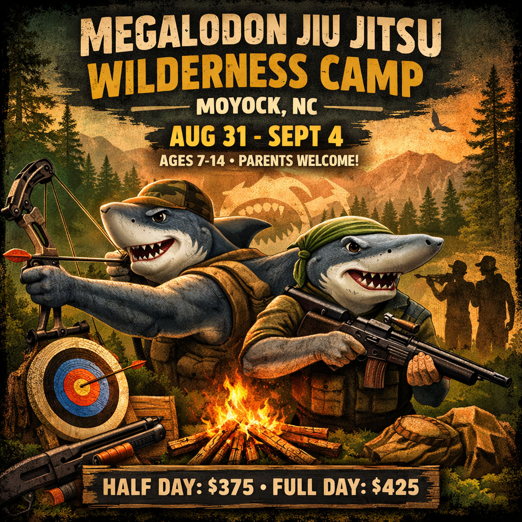 Megalodon Jiu Jitsu Wilderness Camp poster with two shark mascots, campfire, forest, and event dates/prices