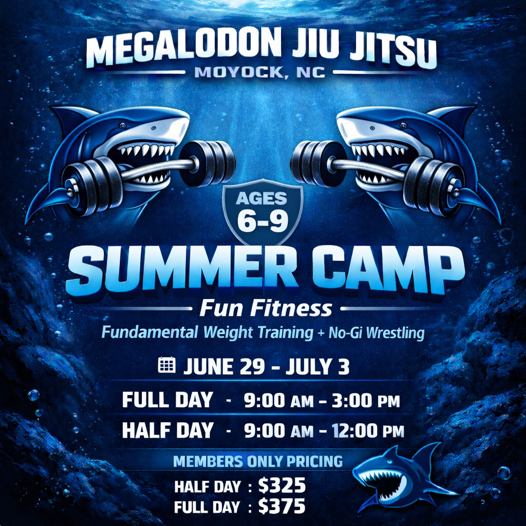 Megalodon Jiu Jitsu summer camp flyer, blue shark theme, ages 6–9, June 29–July 3 in Moyock, NC