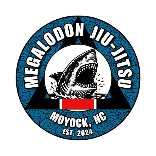 Megalodon Jiu-Jitsu logo with shark, blue circular border, and text "Moyock, NC EST. 2024"