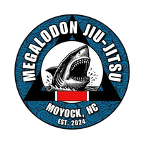 Megalodon Jiu-Jitsu logo with shark, blue circular border, and text "Moyock, NC EST. 2024"