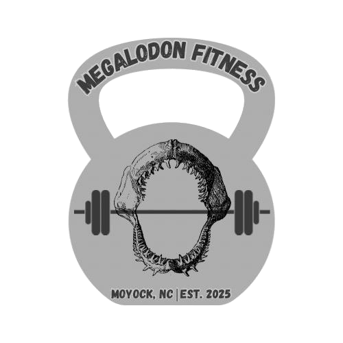 Megalodon Fitness kettlebell logo with barbell and shark jaw, gray and black, Moyock, NC, est. 2025