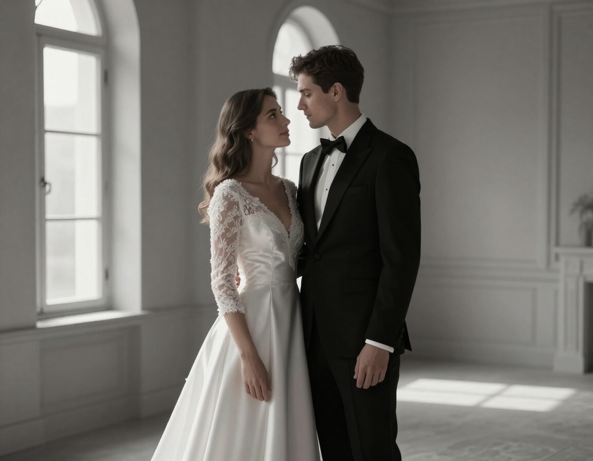 A cinematic wedding portrait in soft light