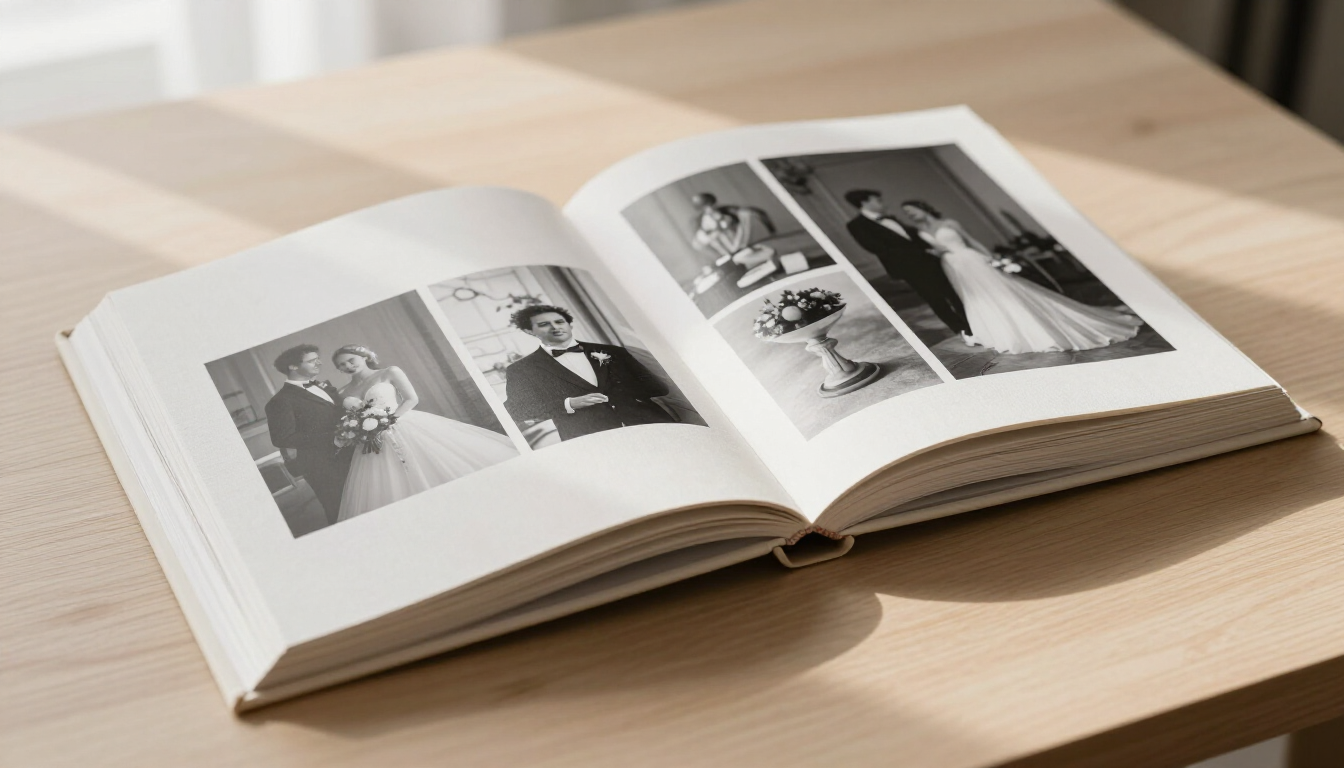 Open cinematic wedding album with premium black and white spreads