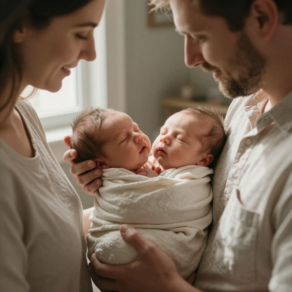 A tender newborn family portrait in soft natural light