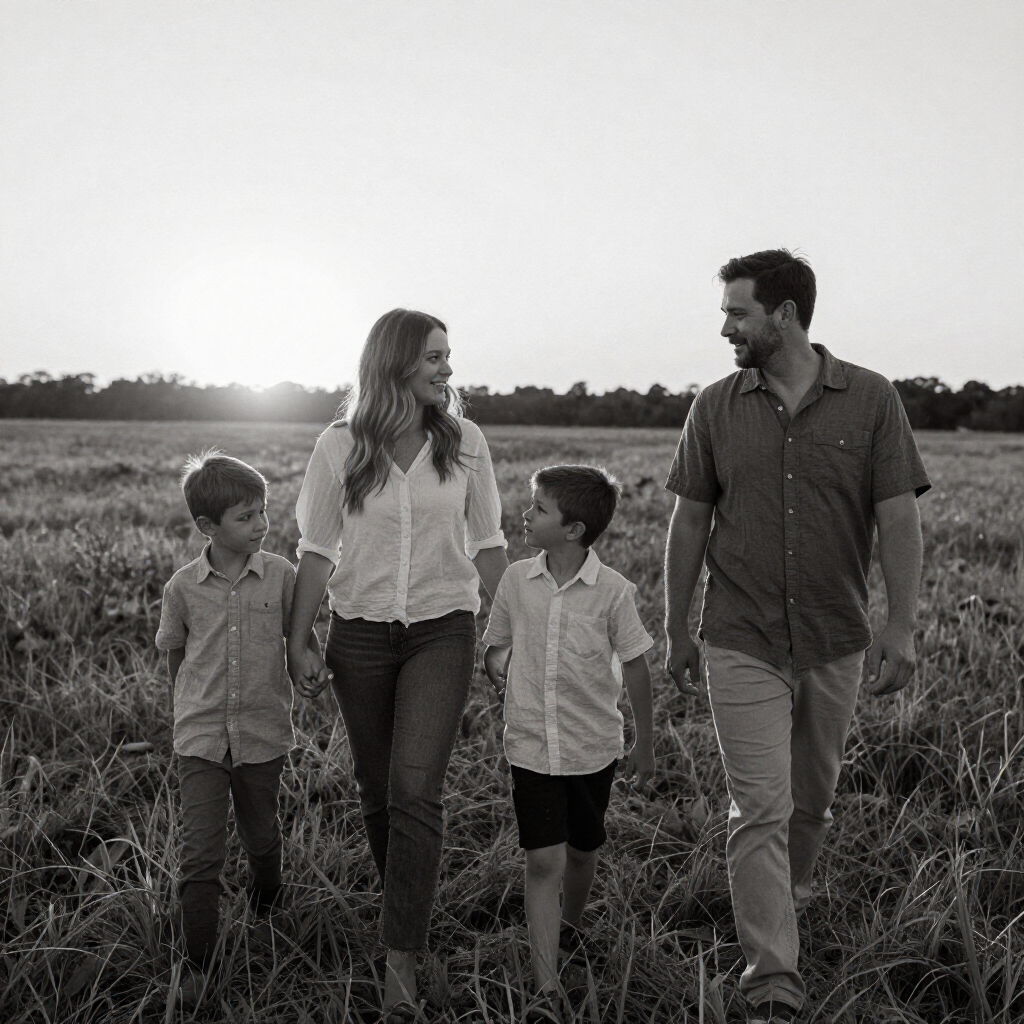 Family walking together at sunset in an unscripted portrait