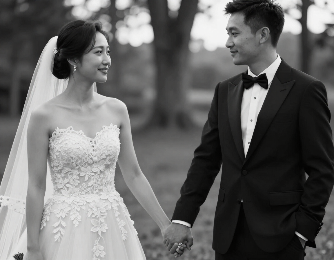 Photorealistic cinematic wedding moment of a couple holding hands in golden hour light