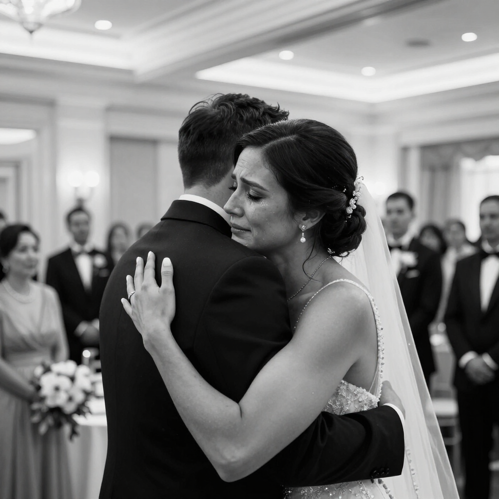 Emotional wedding embrace captured in a cinematic black and white frame