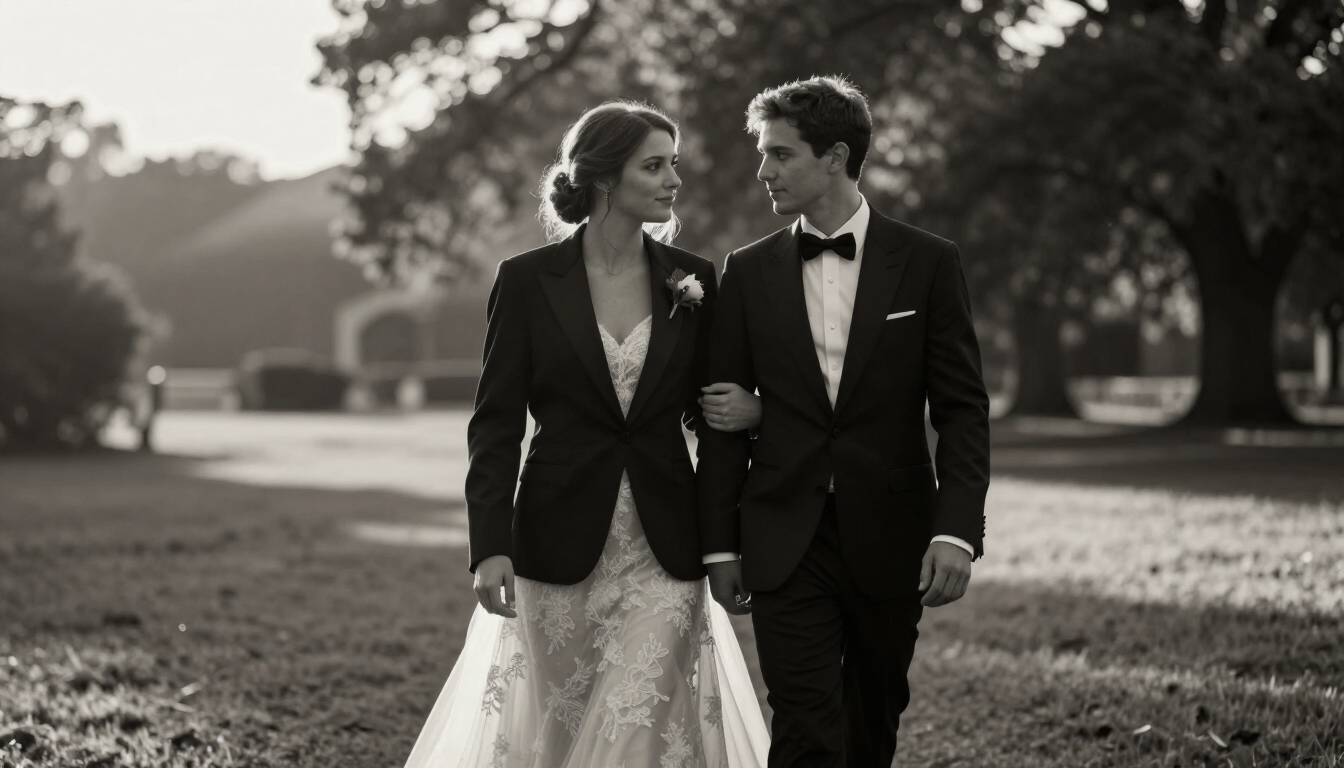Cinematic wedding film still of a couple walking in golden-hour light