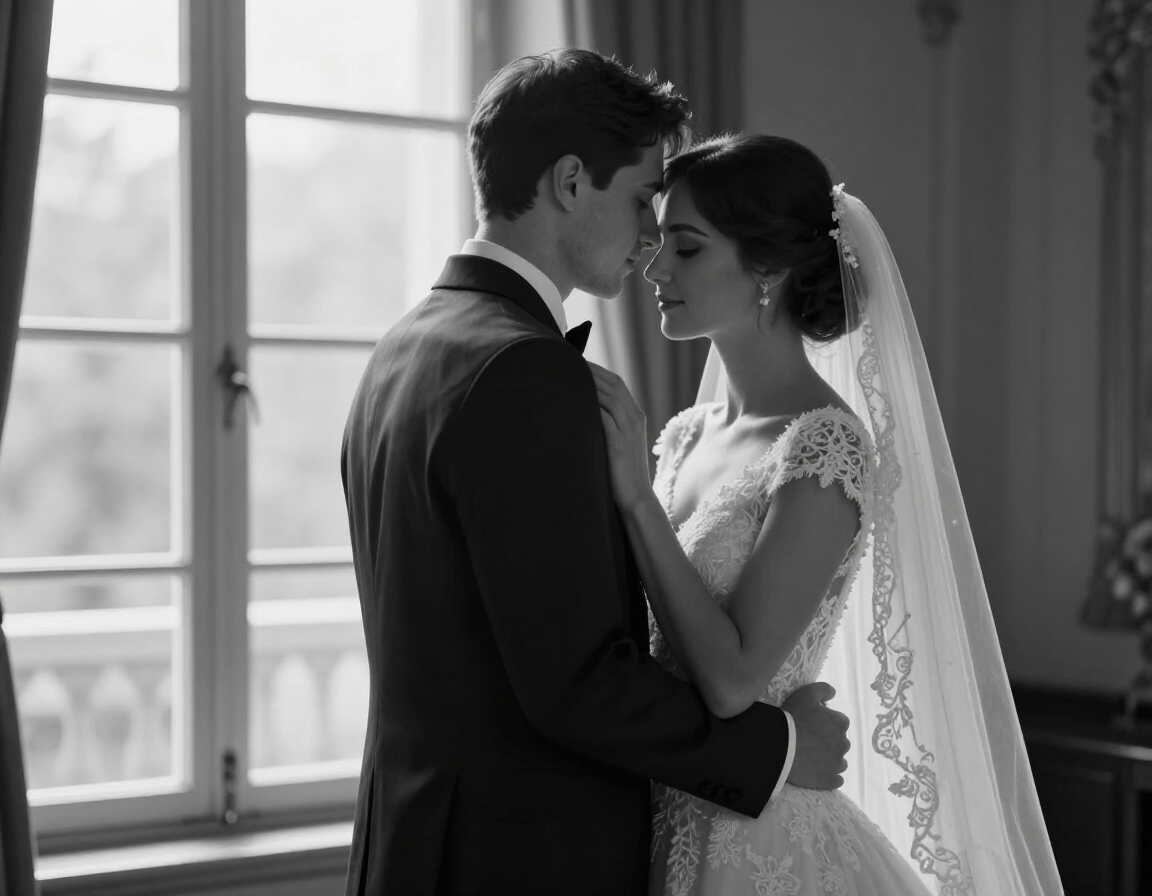 Black and white wedding film still of a couple embracing