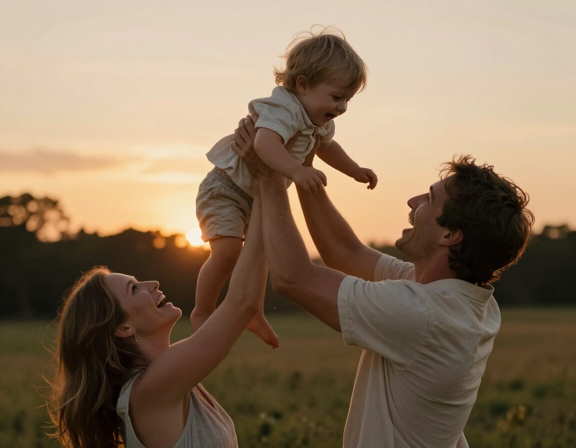 Family film still with parents lifting a child at sunset
