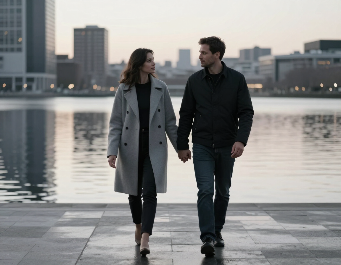 Cinematic engagement film still of a couple walking hand in hand