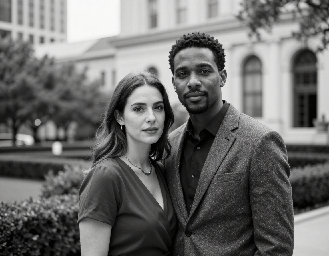 Photorealistic black and white couple portrait in a cinematic outdoor setting