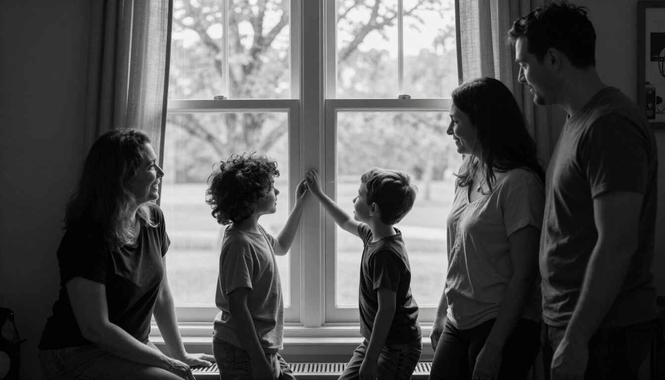 A family playing together in soft window light at home