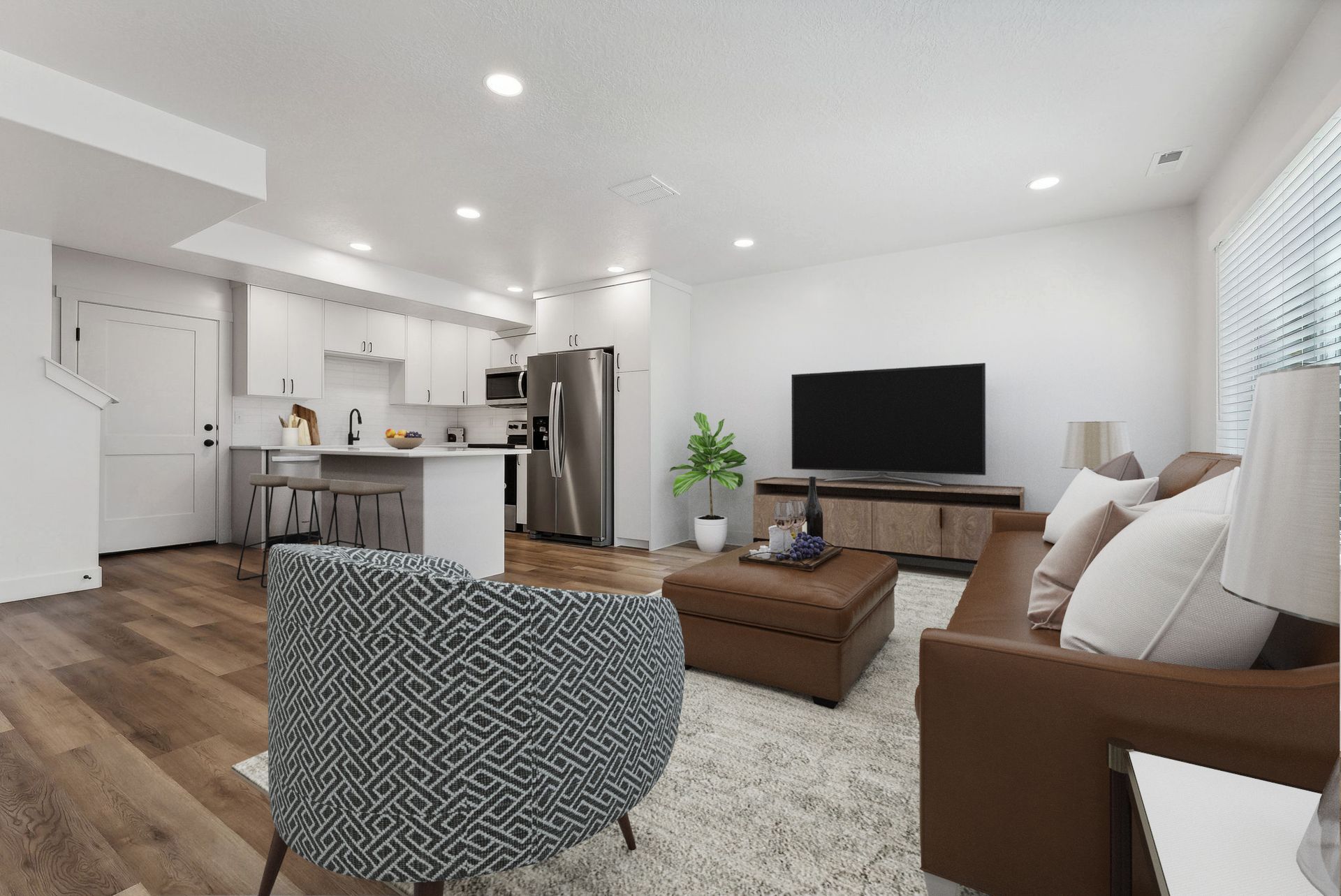 Modern living room with hardwood floors in townhome for rent Ogden Madison Towns on 40th
