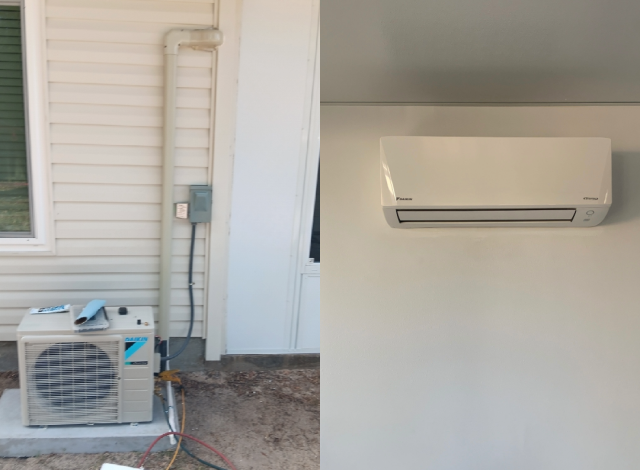 A Daikin mini-split air conditioning system showing the outdoor compressor on a concrete pad and the indoor wall unit.