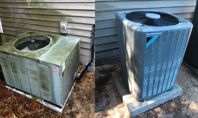 A side-by-side comparison of a weathered, dirty outdoor AC unit and a new, clean replacement unit on a concrete pad.