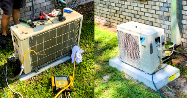 A split view showing an outdoor HVAC unit being serviced by a technician and then reassembled on a concrete pad.