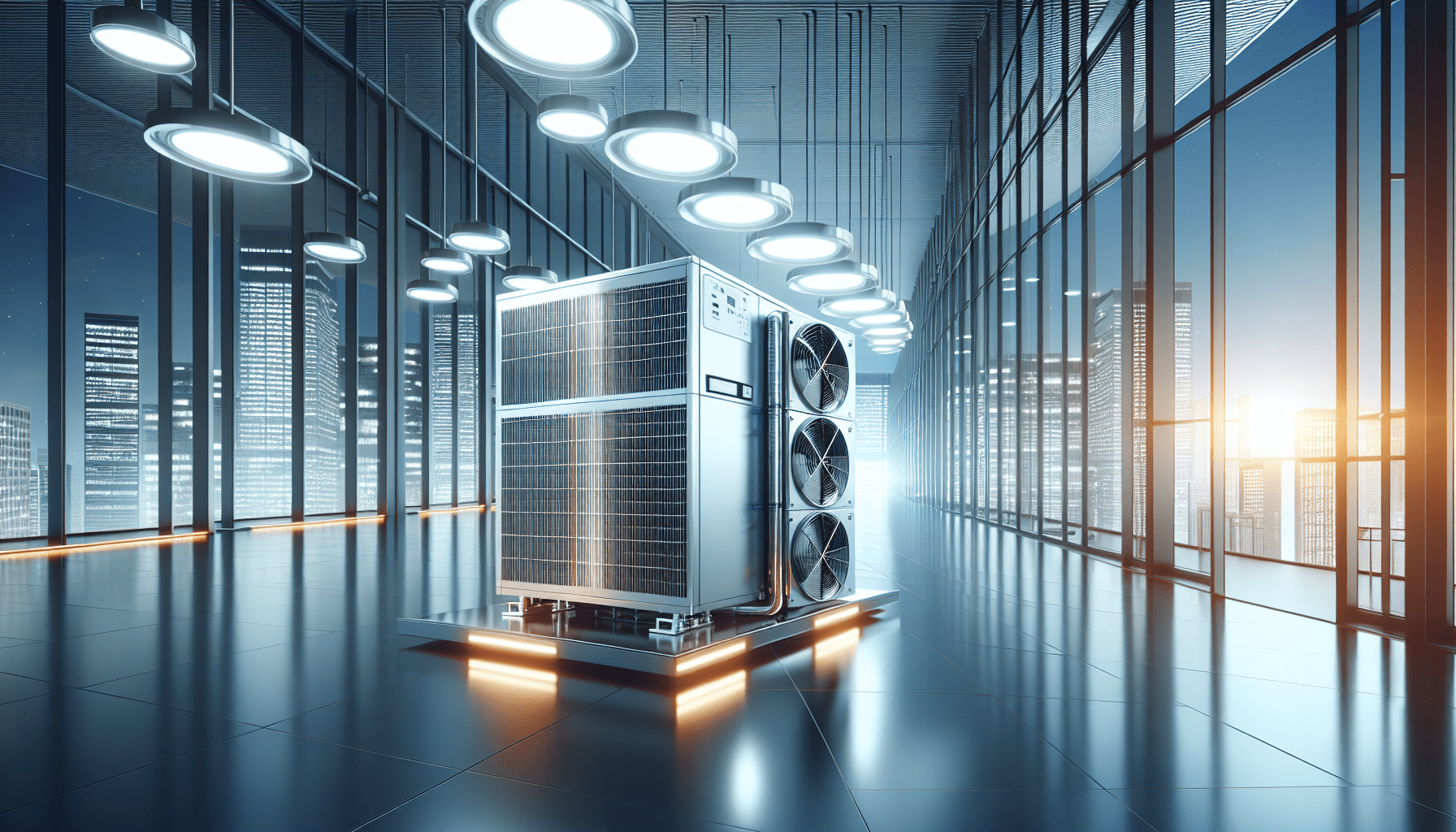 Modern server rack in a bright data center with rows of glass walls and overhead lights