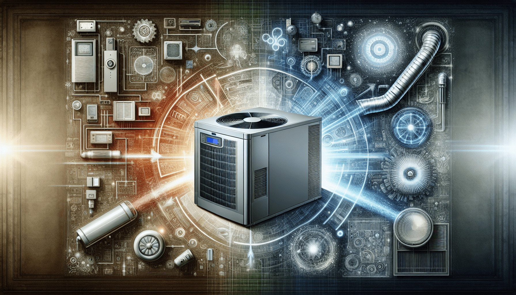 Central server cube surrounded by glowing circuits, gears, and tech components in a futuristic digital network
