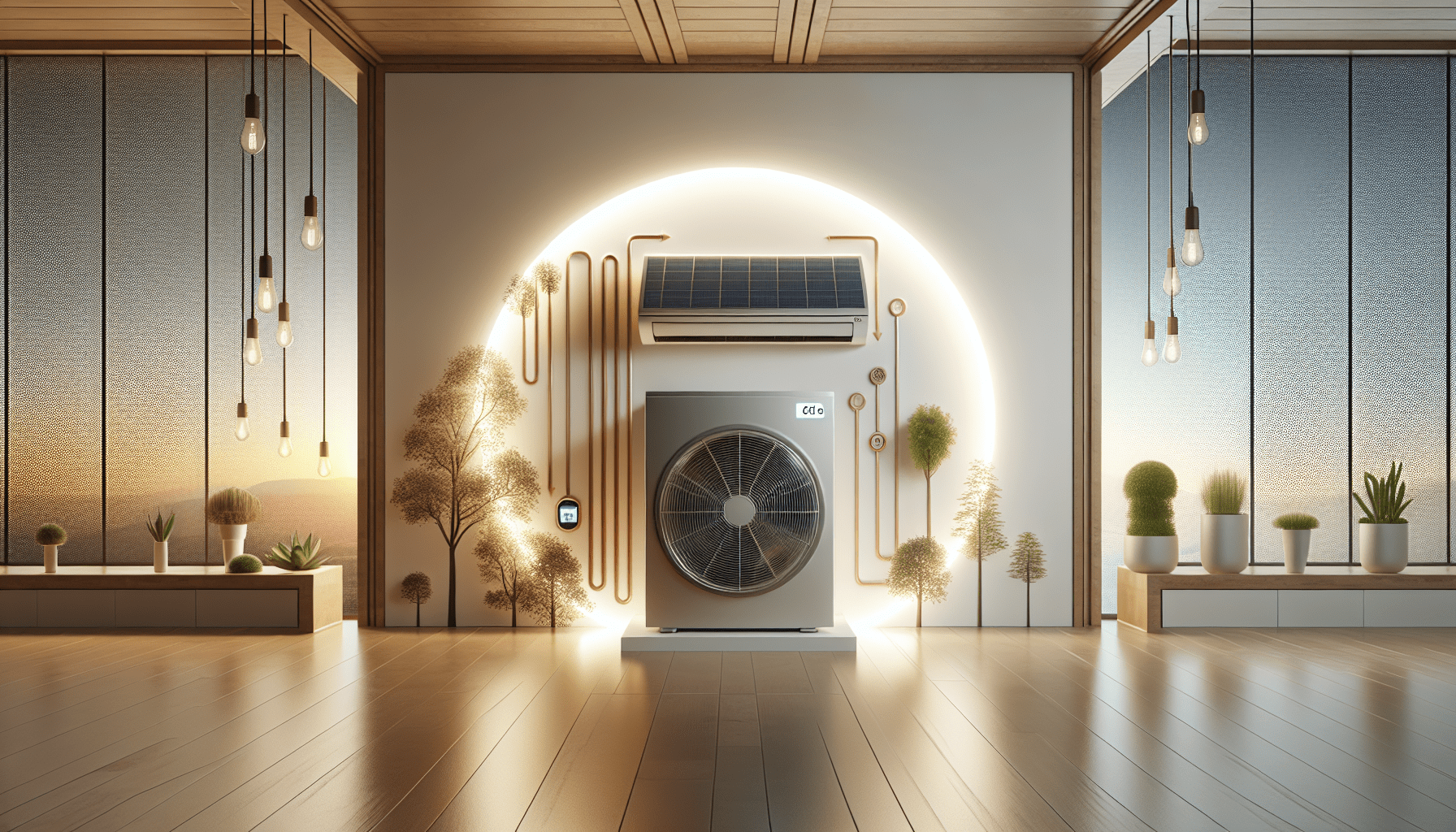 Modern air purifier centered in a bright, minimalist room with potted plants and hanging lights