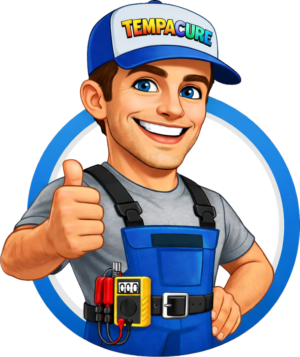 A cartoon technician wearing blue overalls and a branded cap gives a thumbs-up, with a multimeter attached to their belt.
