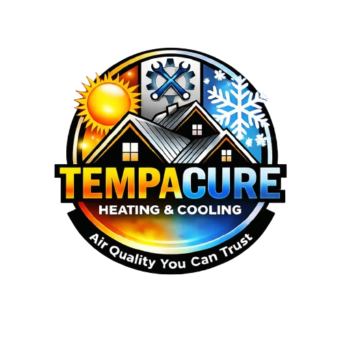 Tempacure Heating & Cooling logo with sun, snowflake, and house roof icons on black background