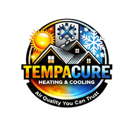 Tempacure Heating & Cooling logo with sun, snowflake, and house roof icons on black background