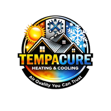Logo for Tempacure Heating & Air Conditioning, featuring a red-and-blue thermometer icon and website URL.