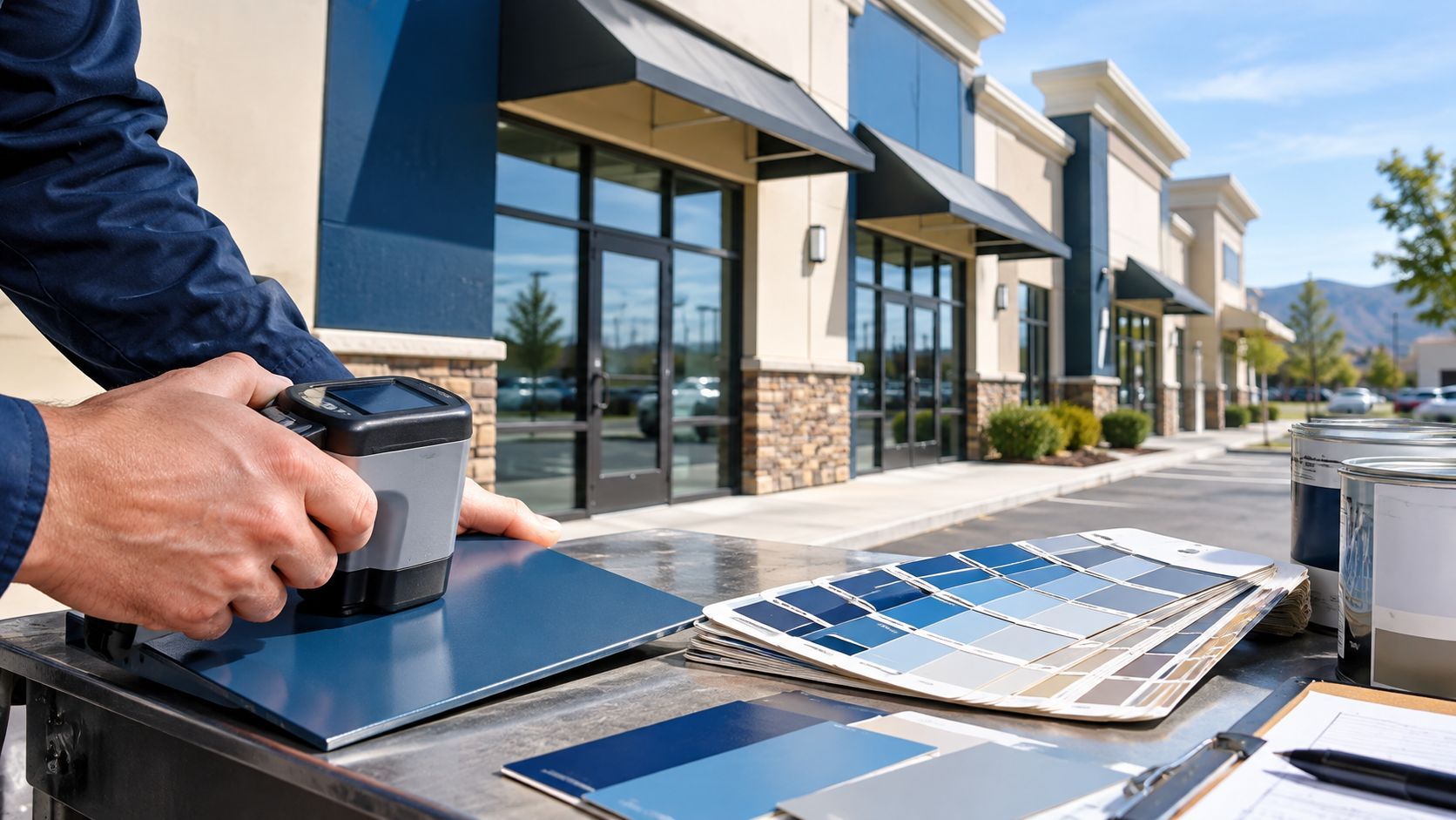 Hand using a squeegee to install solar panels on a rooftop, with modern storefronts in the background
