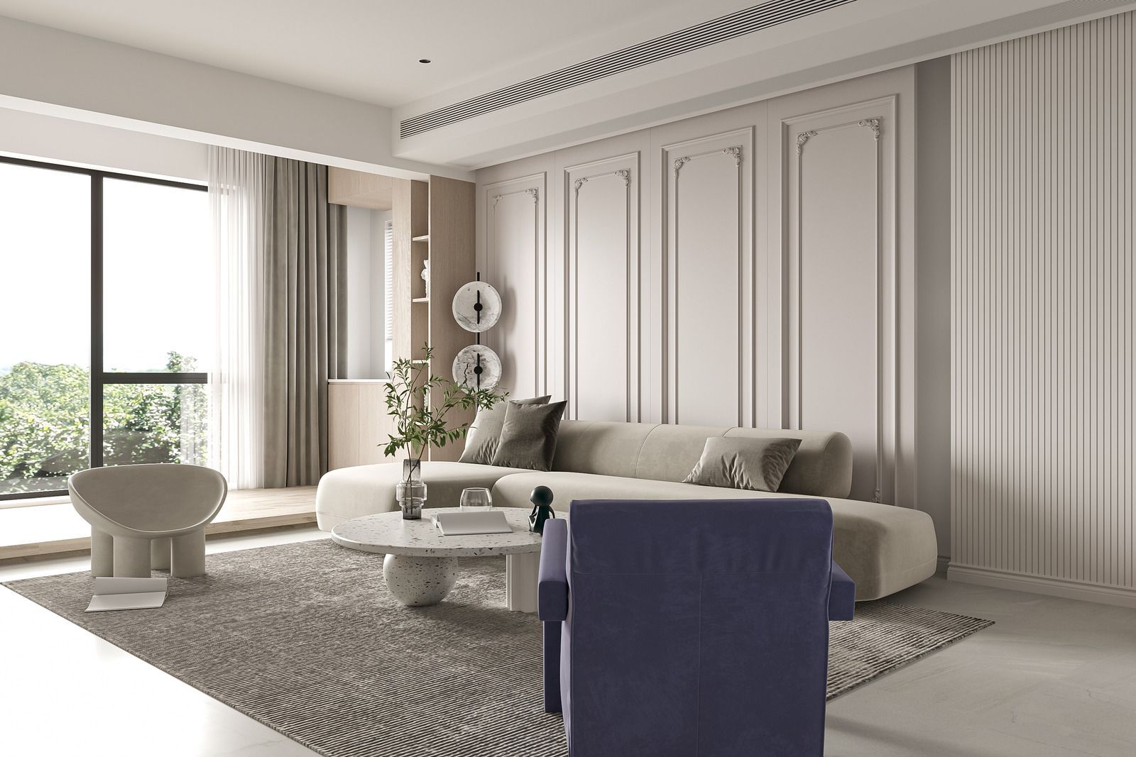 Modern minimalist living room with beige sectional sofa, round coffee table, blue chair, and large window.