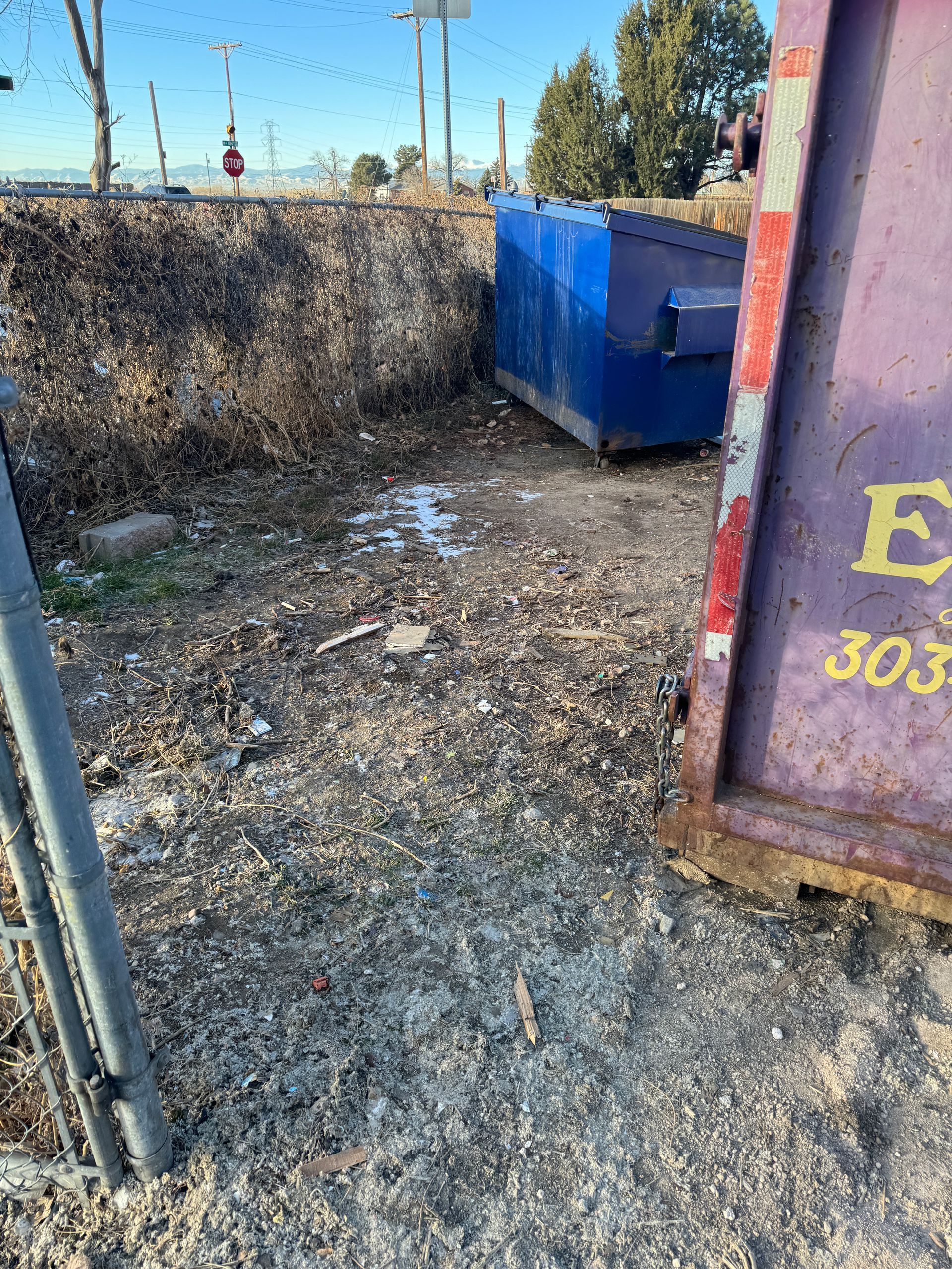 A blue dumpster and a purple roll-off container sit near a fence, on gravel and dirt.