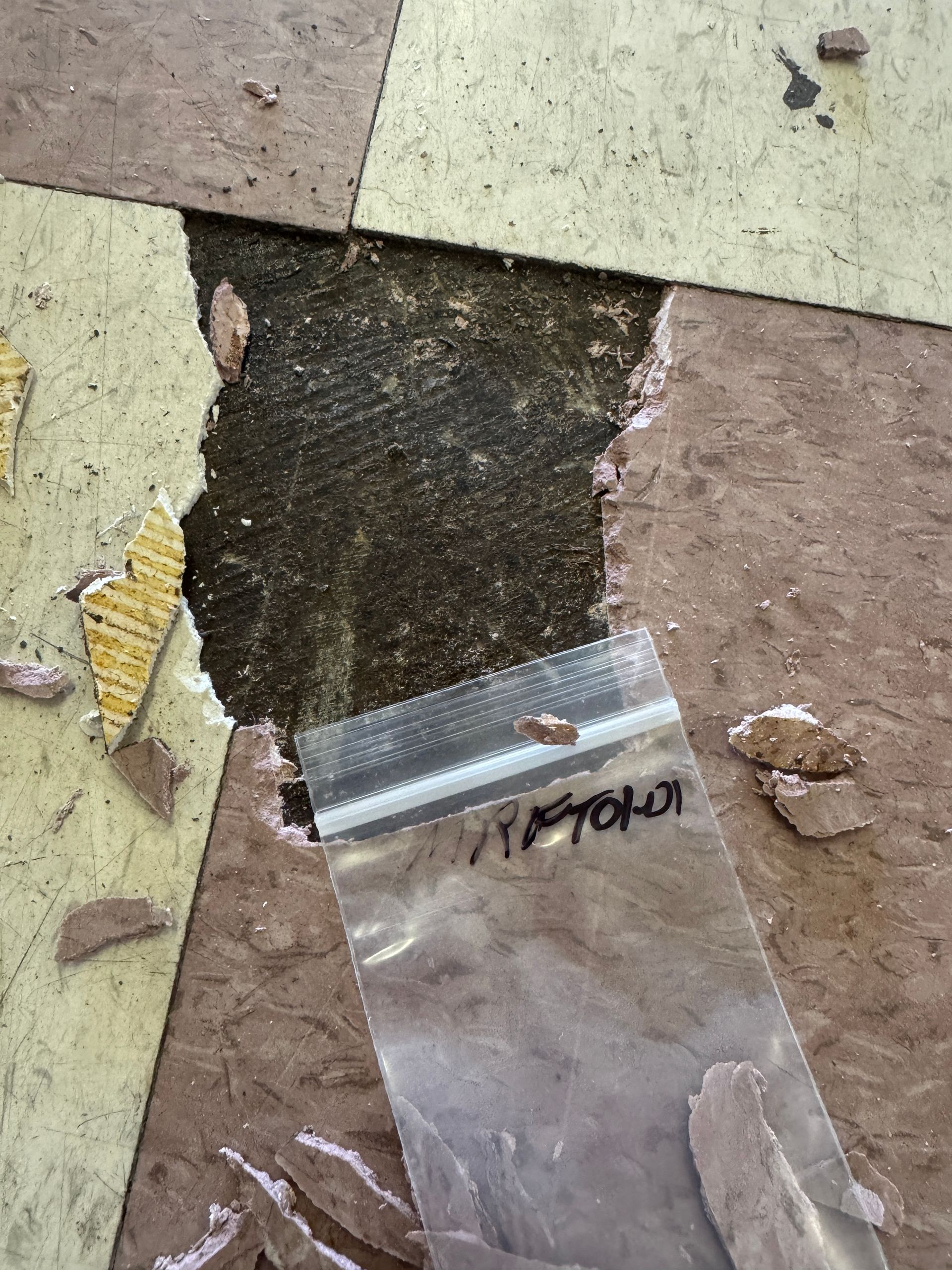 Damaged floor with a sample in a labeled plastic bag. Brown, tan, and cream-colored tiles with exposed dark subfloor.