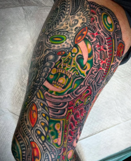 Bio-mechanical leg sleeve with skull tattooed by Jason Hobbie at Classic Tattoo in Scotts Addition
