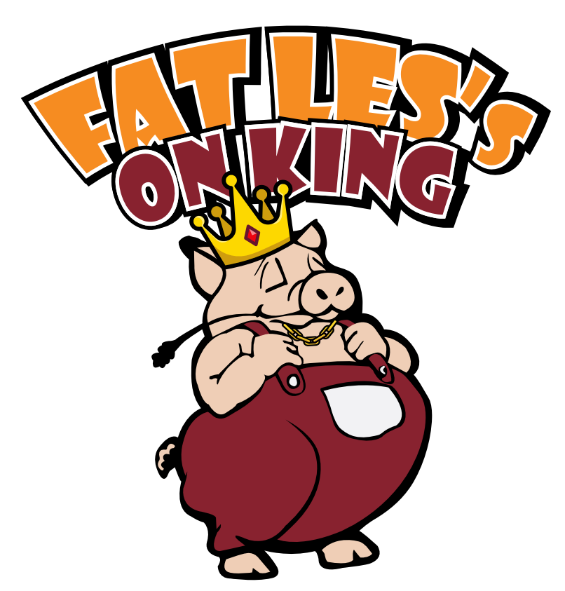 A cartoon pig with a crown on his head and the words eat less on king