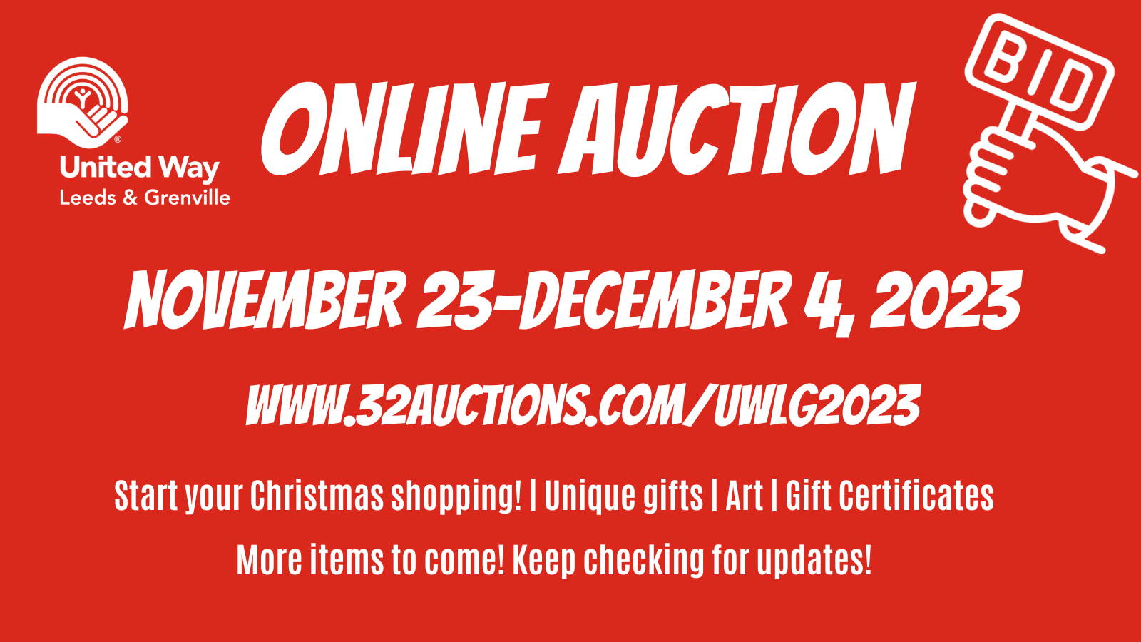 A red sign that says online auction november 23 december 4 , 2023