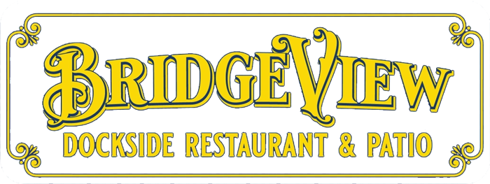 A logo for bridgeview dockside restaurant and patio