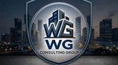WG Consulting Group logo over a city skyline, in blue-gray shield design