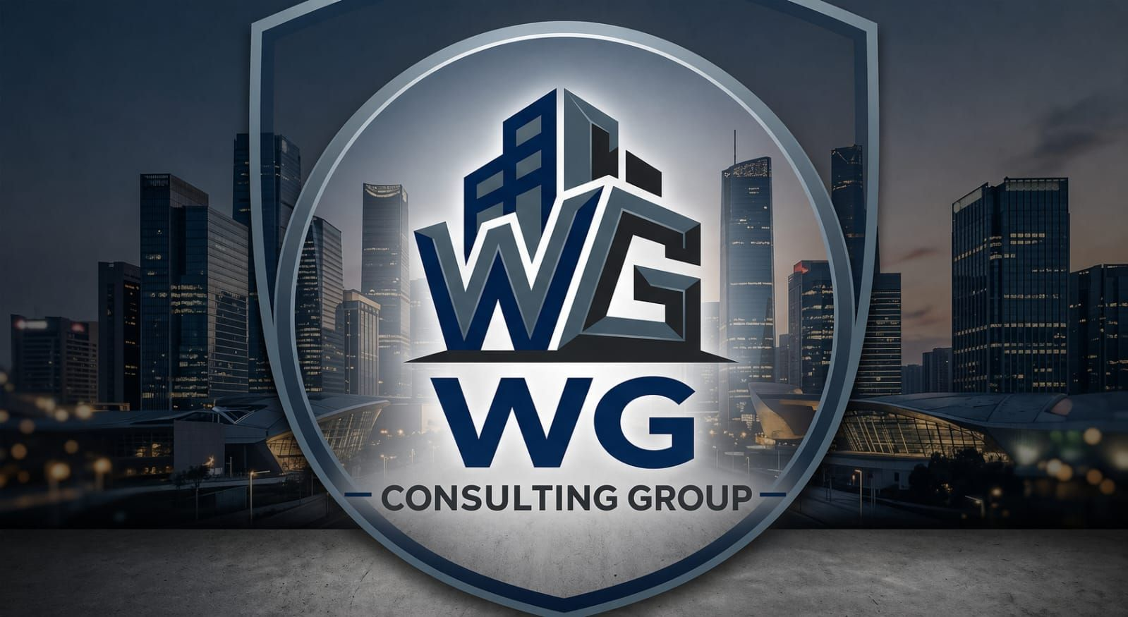 WG Consulting Group logo over a city skyline, in blue-gray shield design