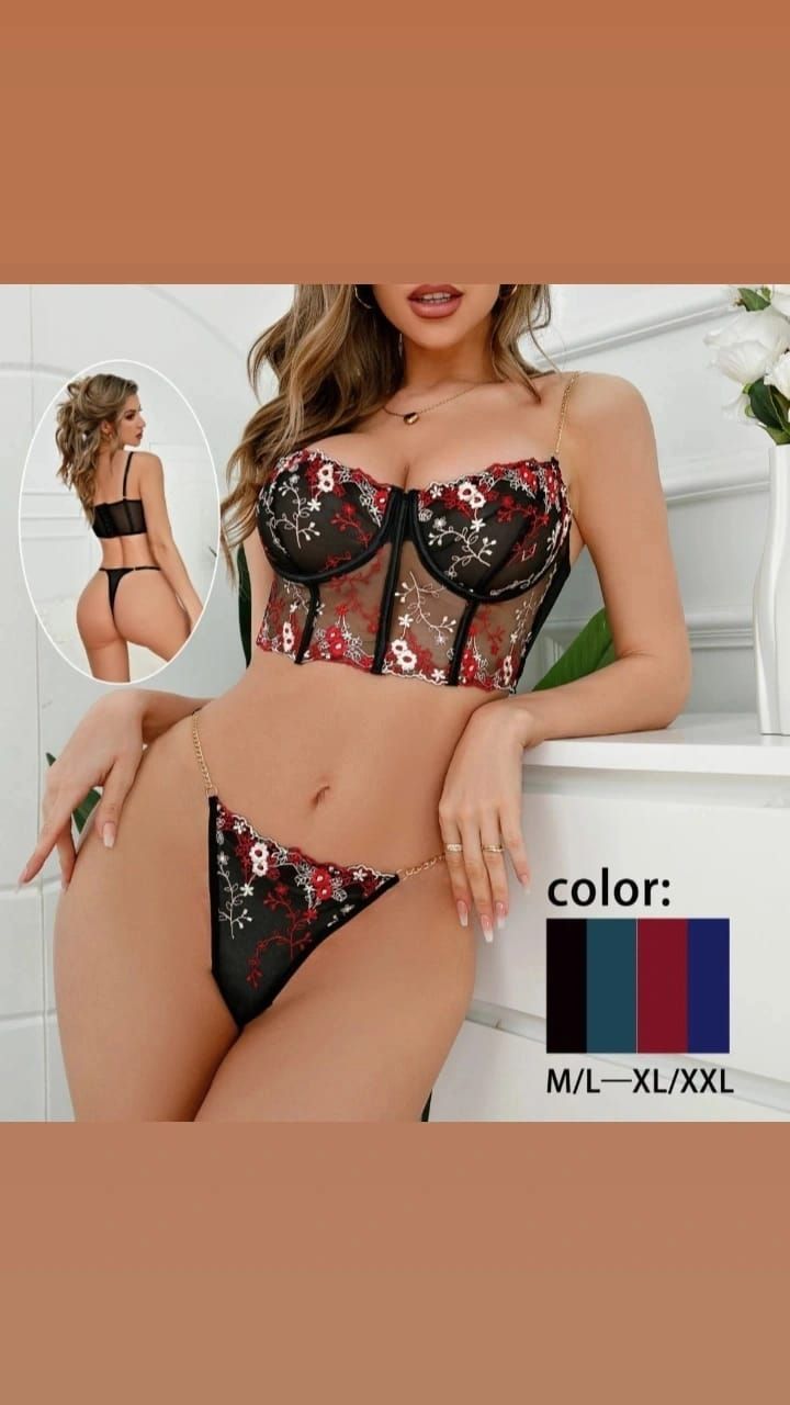 Modelo luciendo lencería negra con estampado floral, compuesta por un corsé y una tanga de encaje transparente, mostrada de frente y de espaldas con muestras de color.
