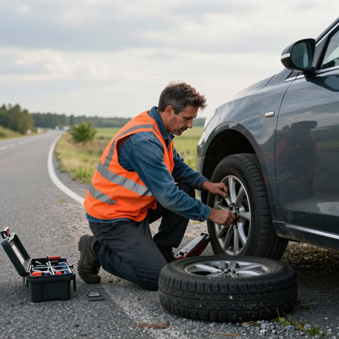 Roadside tire change: mechanic in orange vest replacing a car tire on a rural highway