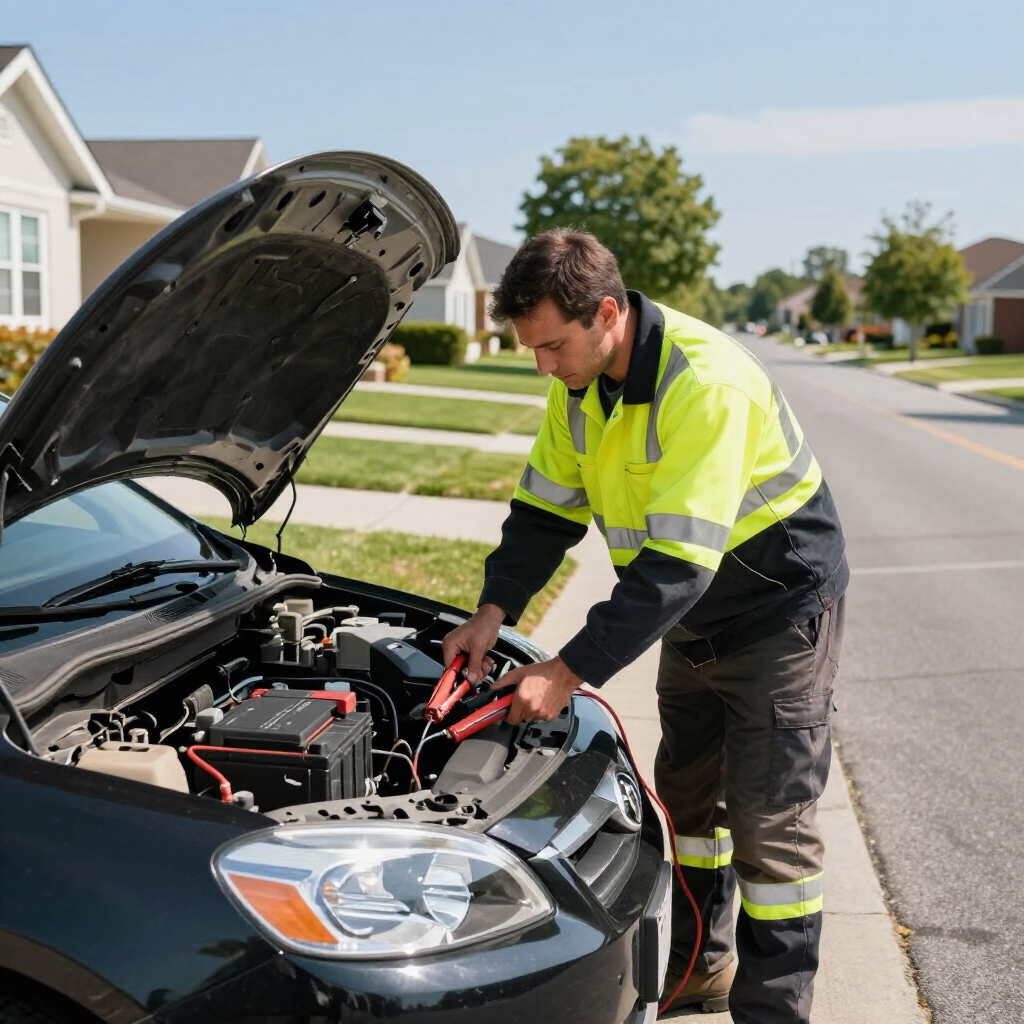 Mechanic in a reflective jacket inspecting a car engine on a suburban street