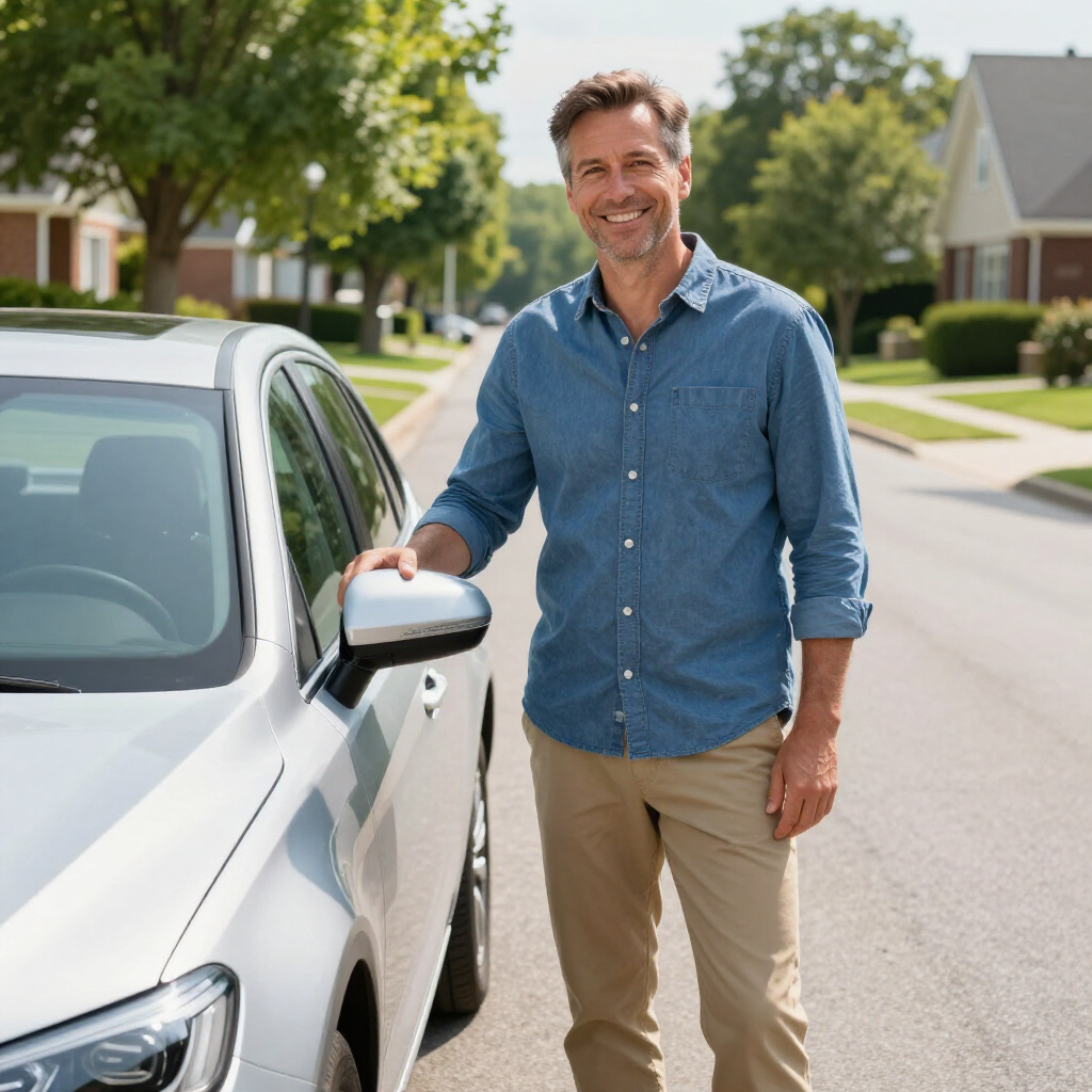 Man standing beside a silver sedan on a sunny suburban street, smiling at the camera